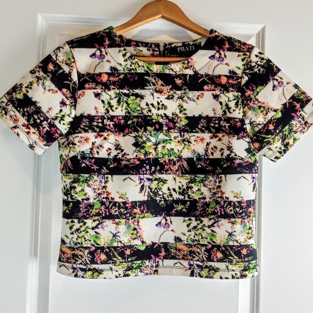 Prati B&W Stripe Multicolor Floral SS Crop Top